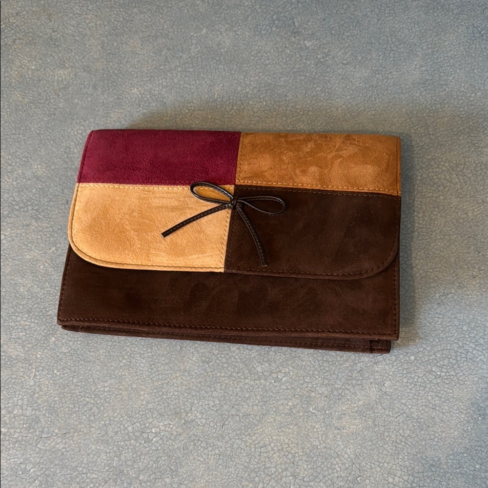 Valley Lane Vintage Suede Color Block Clutch with Bow Accent